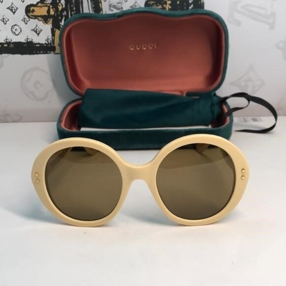 New ✨ Authentic Gucci GG1081S 004 Round Sunglasses – Yellow Frame with Brown Len - Picture 7 of 14